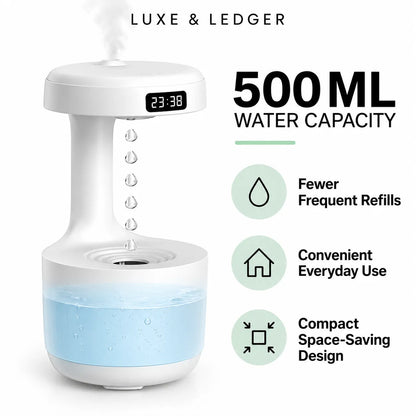 A white and light blue automatic humidifier and diffuser by Luxe & Ledger, featuring a digital timer display, water droplet graphic, and three key feature callouts on a white background.
