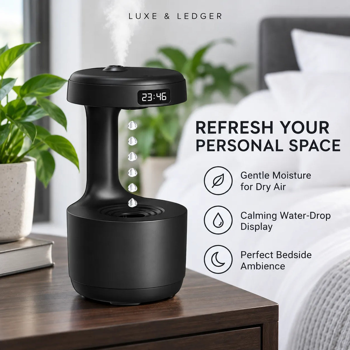 A black personal humidifier and diffuser by Luxe & Ledger sits on a wooden bedside table in a bedroom setting, with a blurred bed, pillows, and potted plants in the background. The device has a digital time display on top and water-drop graphics showing mist output.