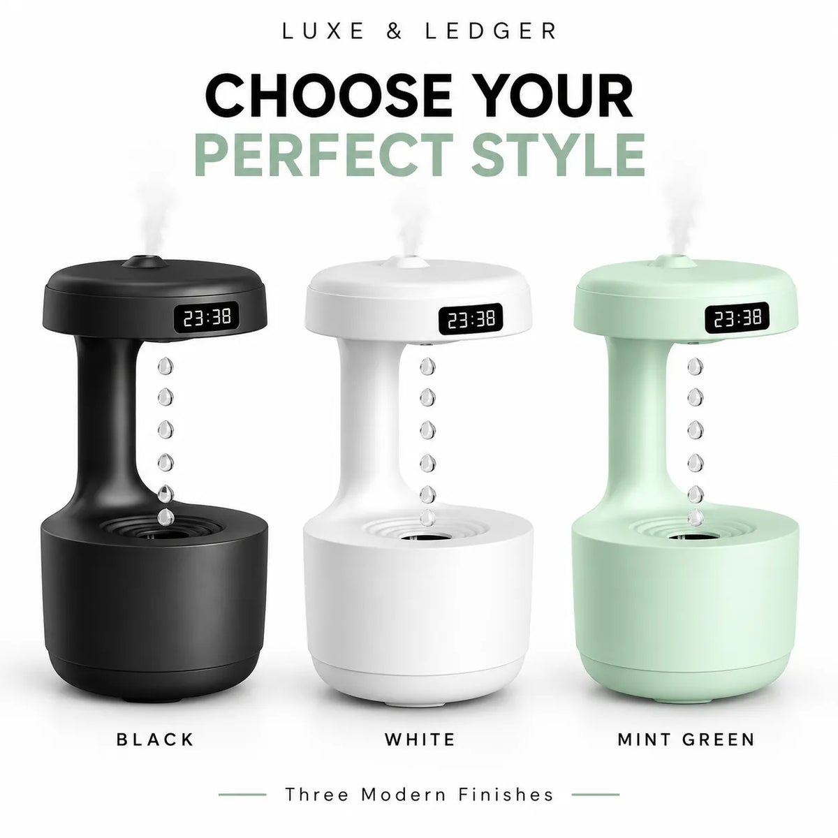 Three modern tabletop diffusers shown side by side in black, white, and mint green, with text reading 'LUXE & LEDGER' and 'CHOOSE YOUR PERFECT STYLE' above them.