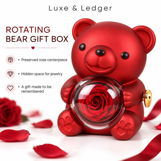 A red bear-shaped rotating gift box with a clear glass orb containing a preserved red rose, shown on a white background with promotional text and scattered rose petals. The text reads 'Luxe & Ledger' and 'ROTATING BEAR GIFT BOX' with feature callouts.
