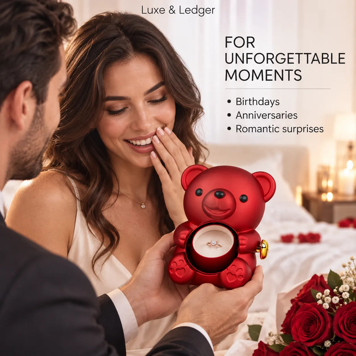 A red teddy bear-shaped ring box held by a man, with a smiling woman in a white dress reacting joyfully. The box is open, showing a ring inside.