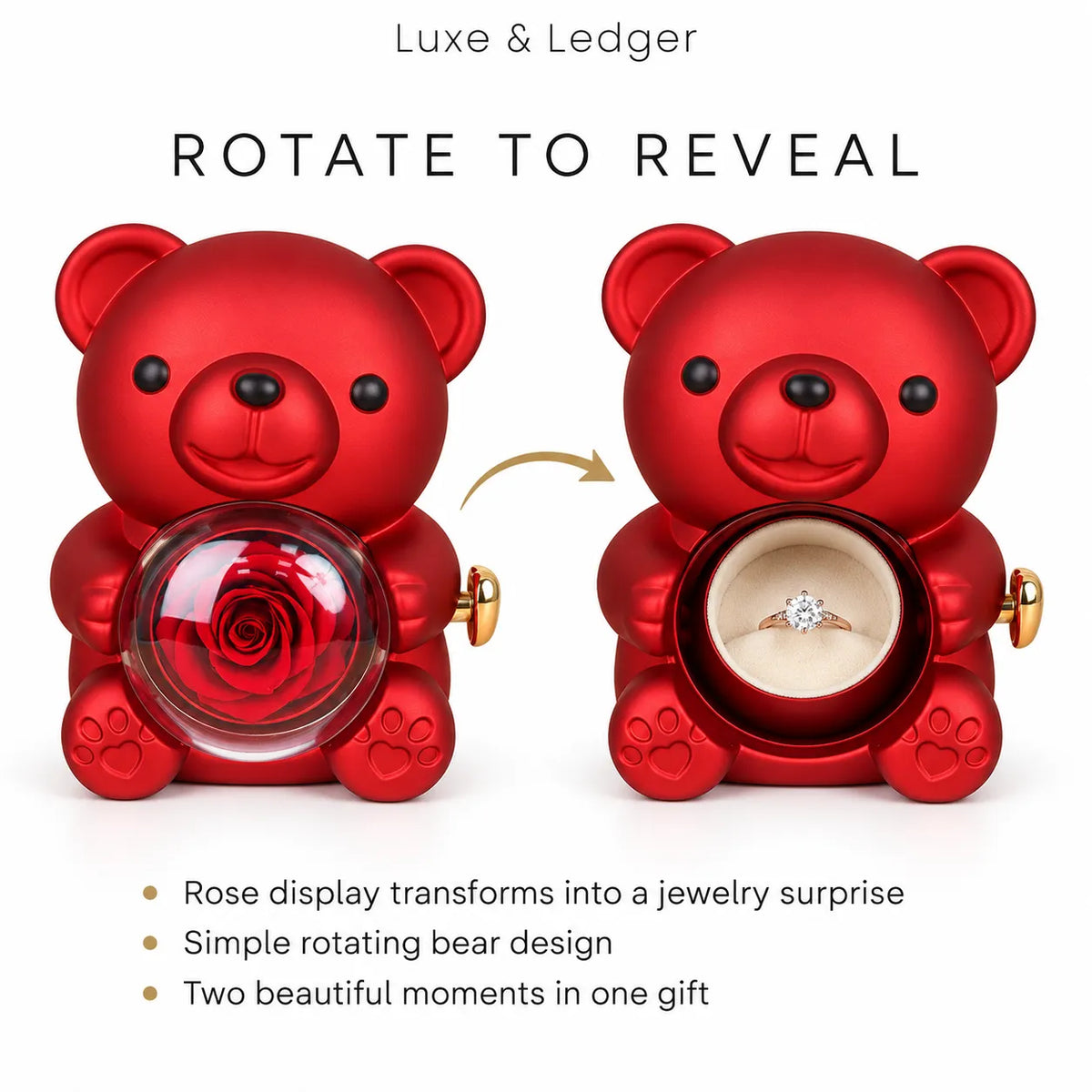 A red bear-shaped jewelry gift box shown twice side by side on a white background, with text reading 'Luxe & Ledger' and 'ROTATE TO REVEAL.' The left bear holds a red rose display, and the right bear, when rotated, reveals a ring on a beige insert.