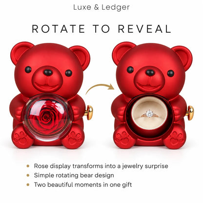 A red bear-shaped jewelry gift box shown twice side by side on a white background, with text reading 'Luxe & Ledger' and 'ROTATE TO REVEAL.' The left bear holds a red rose display, and the right bear, when rotated, reveals a ring on a beige insert.