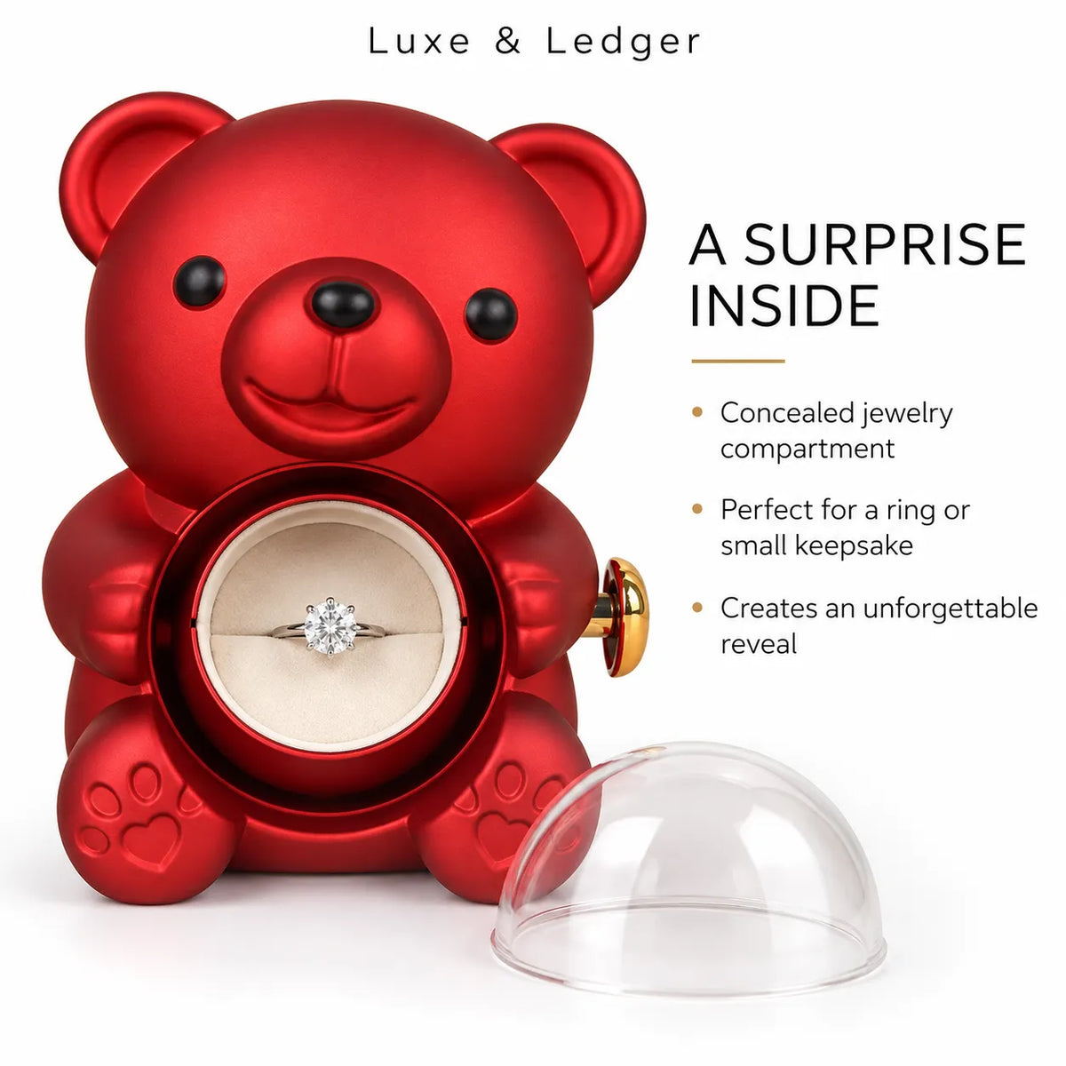 A red teddy bear-shaped jewelry box with a clear dome lid placed in front, shown open to reveal a ring inside. Text on the image reads 'Luxe & Ledger' and 'A SURPRISE INSIDE' with bullet points describing the concealed jewelry compartment, ring or small keepsake, and surprise reveal.