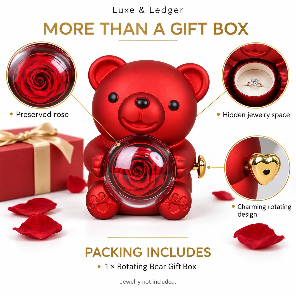 A red rotating bear gift box with a preserved rose inside, shown on a white background with callout circles highlighting features: preserved rose, hidden jewelry space, and charming rotating design. Text reads 'Luxe & Ledger' and 'More than a gift box.
