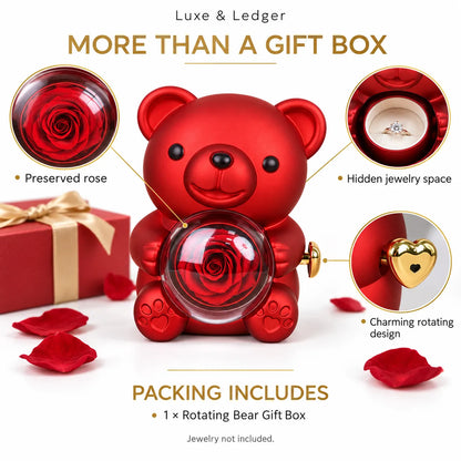 A red rotating bear gift box with a preserved rose inside, shown on a white background with callout circles highlighting features: preserved rose, hidden jewelry space, and charming rotating design. Text reads 'Luxe & Ledger' and 'More than a gift box.