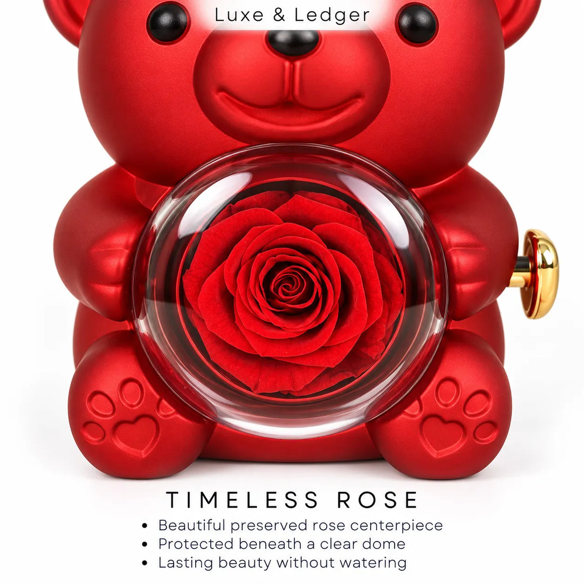 A red teddy bear figurine holding a clear dome over a preserved red rose, shown on a white background with the text 'Luxe & Ledger' at the top and 'TIMELESS ROSE' with bullet points at the bottom.