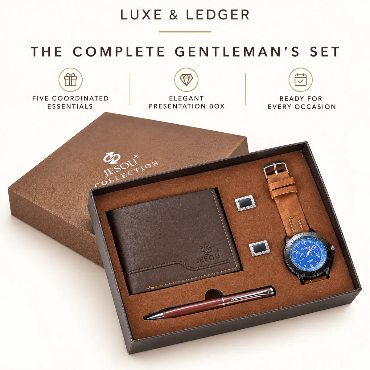 Jesou Collection men's gift set in an open presentation box, including a brown leather wallet, brown leather watch with a blue dial, a burgundy pen, two silver cufflinks, and a brown box, with marketing text above on a light beige background.