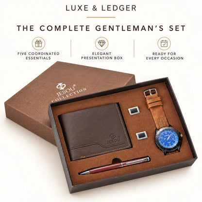 Jesou Collection men's gift set in an open presentation box, including a brown leather wallet, brown leather watch with a blue dial, a burgundy pen, two silver cufflinks, and a brown box, with marketing text above on a light beige background.
