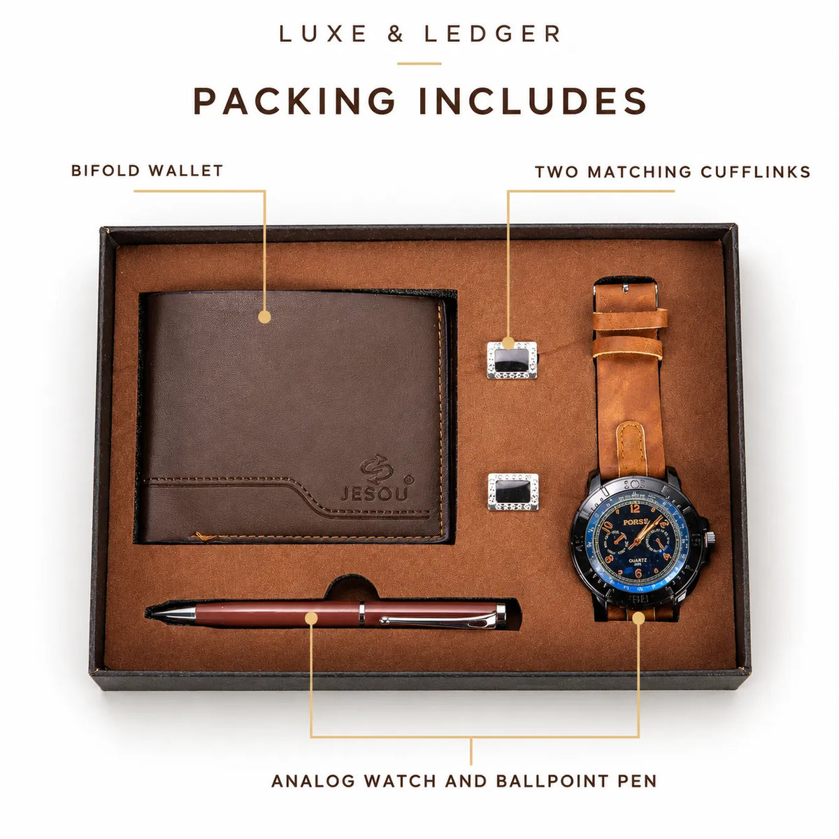 Luxe & Ledger gift set packaging display showing a brown bifold wallet, a brown leather strap watch with a blue dial, a burgundy ballpoint pen, and two silver cufflinks inside a presentation box, with labels pointing to each included item.