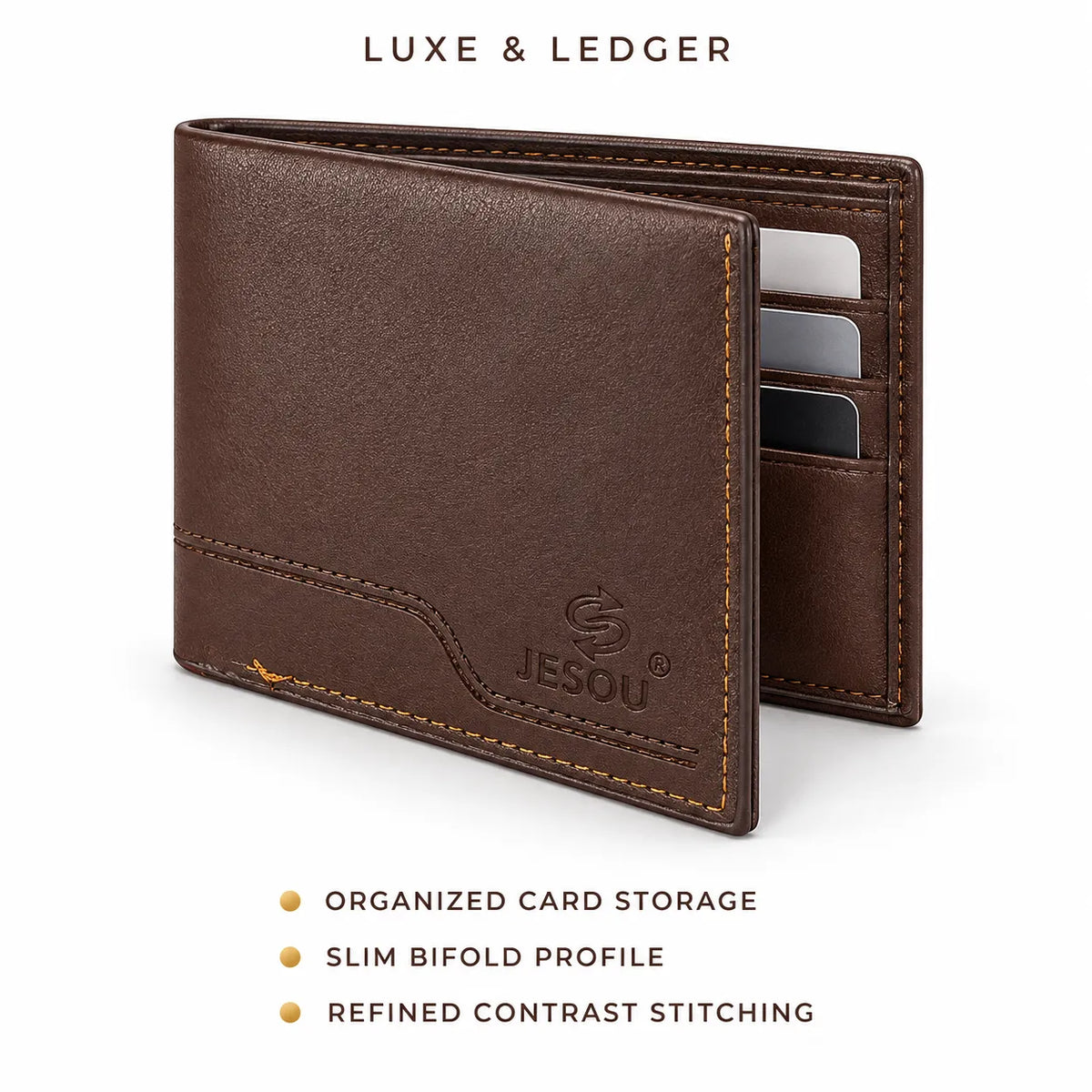 A brown leather bifold wallet shown open on a white background, with card slots visible inside. Text at the top reads 'LUXE & LEDGER' and text at the bottom lists features including organized card storage, slim bifold profile, and refined contrast stitching.