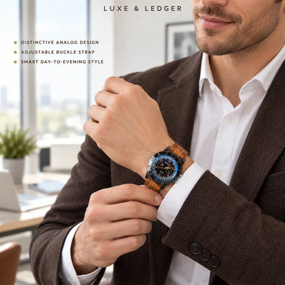 A man in a brown blazer and white dress shirt adjusts a wristwatch on his wrist in a bright office setting. The watch has a brown leather strap, a blue bezel, and a dark dial.