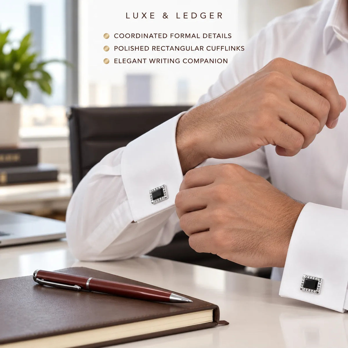 A man in a white dress shirt adjusts his cufflinks at a desk. One cufflink is a polished rectangular silver link with a black center, and the other is partially visible.