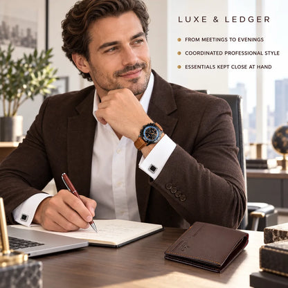 A man in a brown blazer and white shirt sits at a desk wearing a Luxe & Ledger watch, with a brown leather bifold wallet on the desk in front of him. The image includes marketing text on the right side.