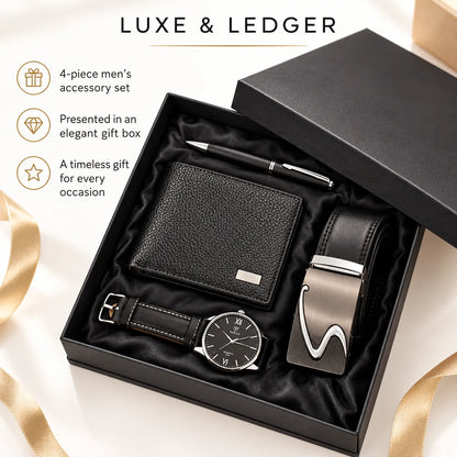 A luxury men's accessory gift set presented in an elegant black box, featuring a black leather wallet, matching belt with a silver buckle, a black leather strap watch, and a black pen. The set is displayed on a light beige background with gold ribbons, with text overlays describing the set.