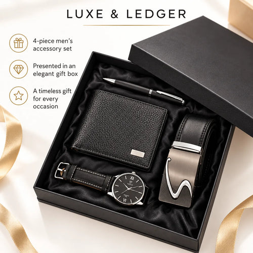 A luxury men's accessory gift set presented in an elegant black box, featuring a black leather wallet, matching belt with a silver buckle, a black leather strap watch, and a black pen. The set is displayed on a light beige background with gold ribbons, with text overlays describing the set.