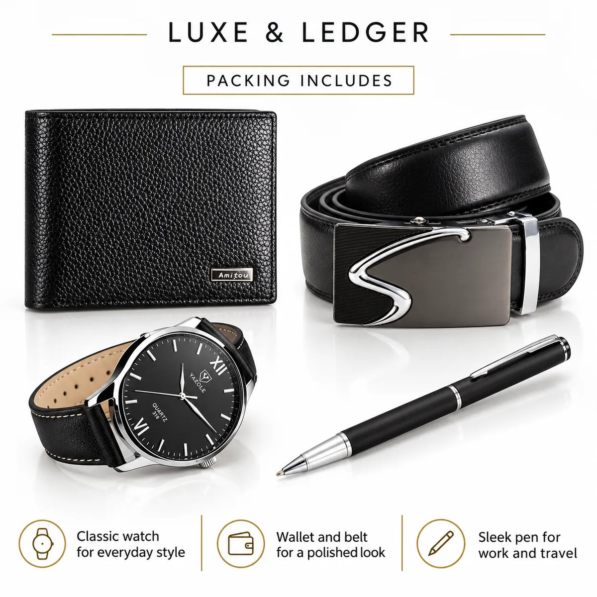 A men's gift set featuring a black leather wallet, matching belt with a silver-tone buckle, a black leather watch with a silver-tone case, and a black pen, arranged on a white background under the heading 'LUXE & LEDGER'.