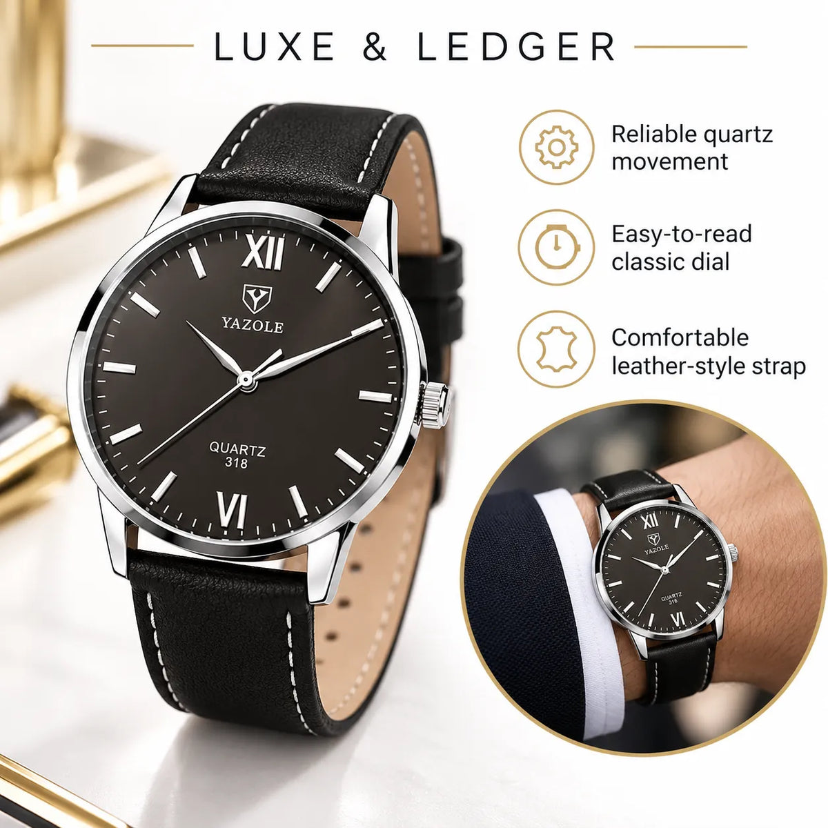 A YAZOLE quartz wristwatch with a black leather strap and black dial, shown prominently on a light surface with feature callouts and a circular inset of the watch worn on a wrist.