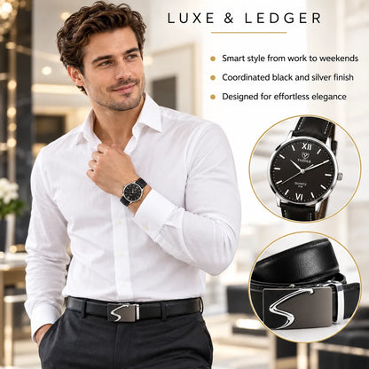 A man wearing a white dress shirt and black trousers models a black leather belt with a silver buckle alongside a matching black leather watch with a black dial. The image includes text overlays reading 'LUXE & LEDGER' and bullet points describing the smart style, coordinated black and silver finish, and effortless elegance.