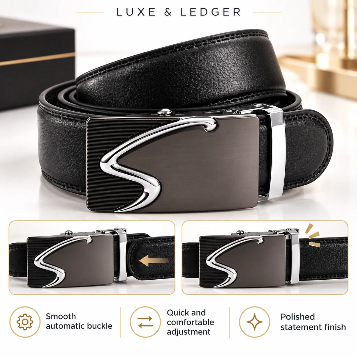 Black leather belt with a large rectangular brushed metal buckle featuring a polished silver S-shaped accent, shown on a light studio background with feature callouts below.