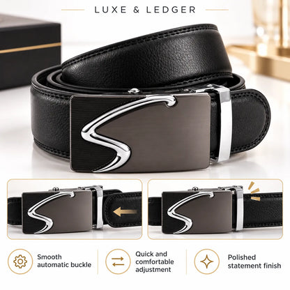 Black leather belt with a large rectangular brushed metal buckle featuring a polished silver S-shaped accent, shown on a light studio background with feature callouts below.