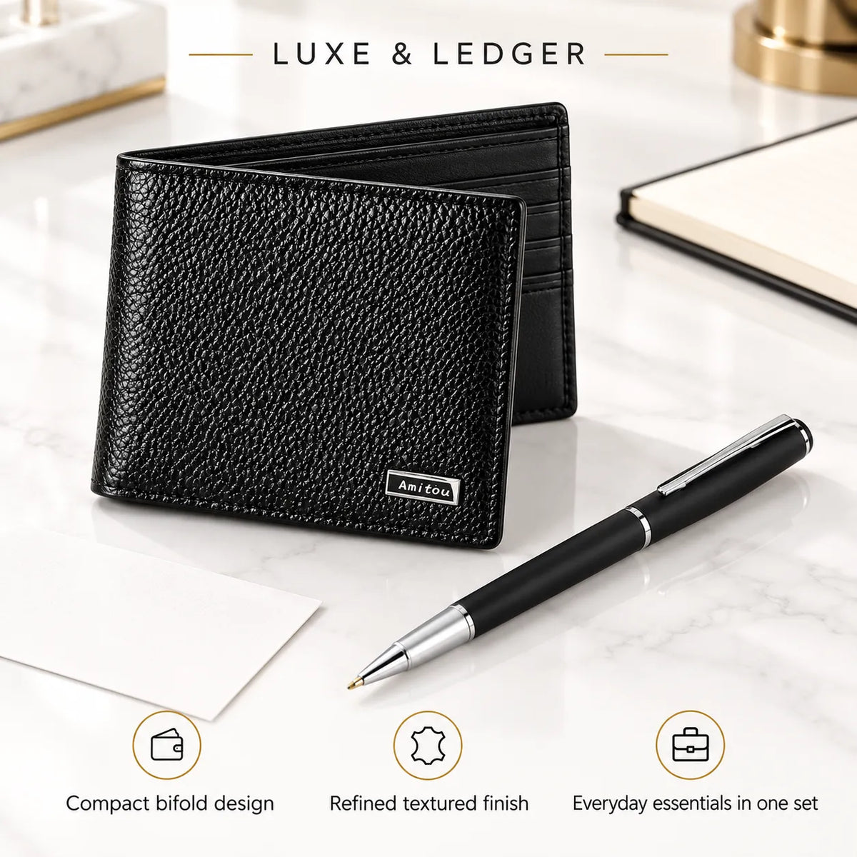 A black textured leather bifold wallet shown open on a white marble surface, with a black pen placed in front. The image includes the text 'LUXE & LEDGER' at the top and feature callouts at the bottom.