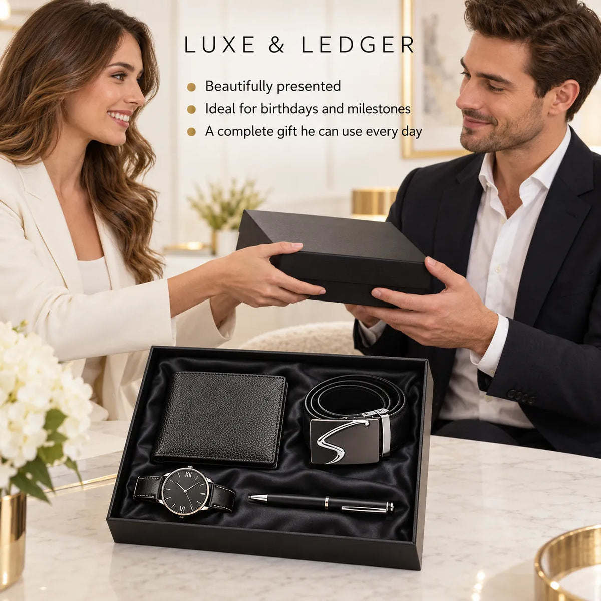 A man and woman in business attire exchange a black gift box in a bright, modern office setting. The open gift box on the table contains a black leather wallet, a black leather belt with a silver buckle, a black wristwatch, and a black pen.