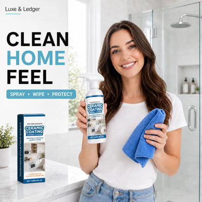 A woman in a bathroom holds a bottle of Luxe & Ledger Ceramic Coating and a blue microfiber cloth, with a matching product box shown on the counter beside large promotional text reading 'CLEAN HOME FEEL'.