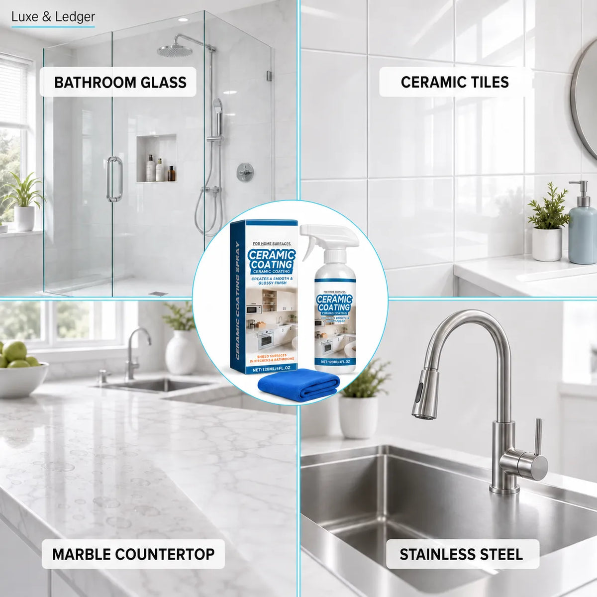 A collage showing a ceramic coating spray bottle and box with a blue microfiber cloth in the center, surrounded by labeled bathroom surfaces: bathroom glass, ceramic tiles, marble countertop, and stainless steel sink, all in a bright modern interior.
