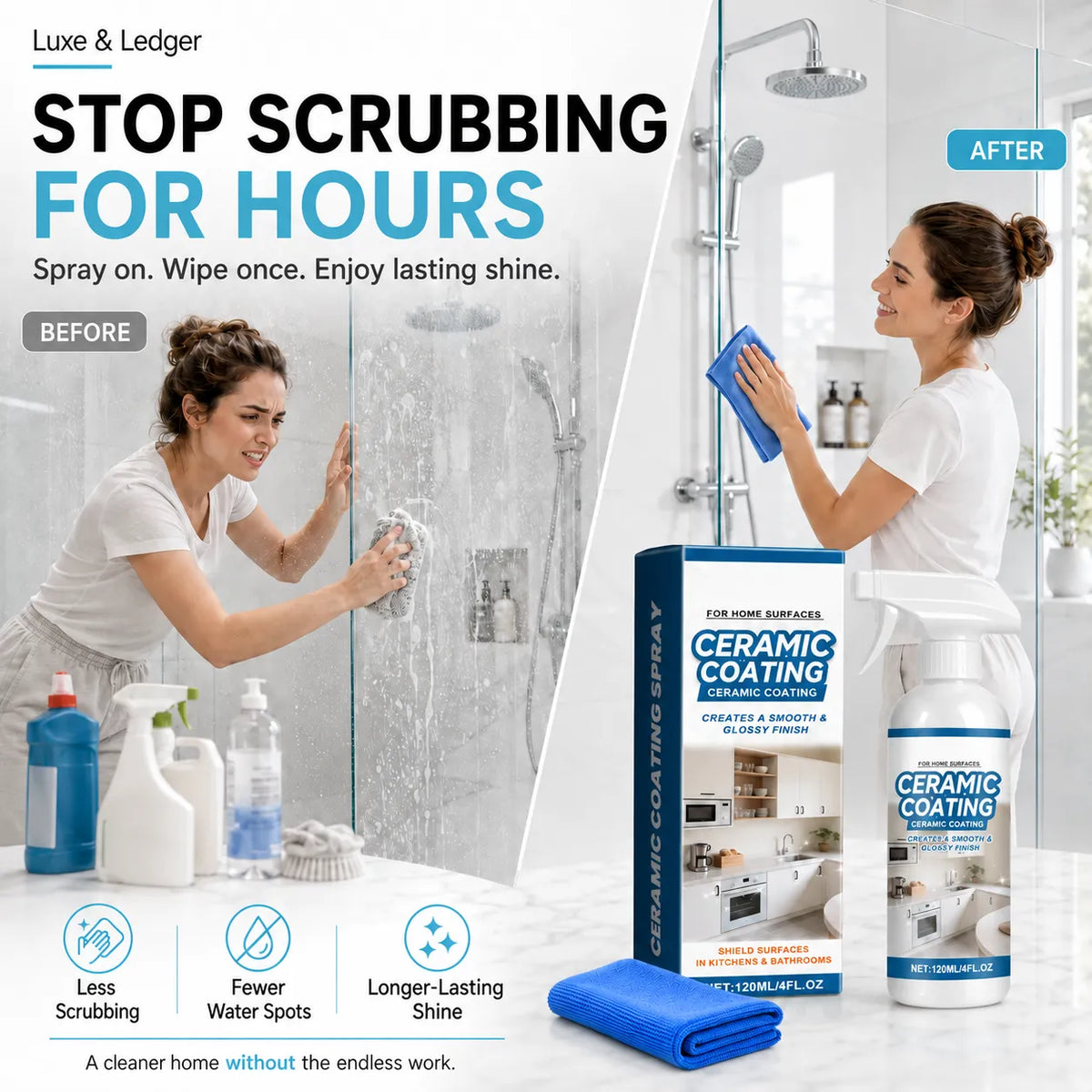 A promotional composite for Jakehoe Ceramic Coating Spray showing a before-and-after shower scene with a woman cleaning a glass shower door, alongside product packaging and bottles on a bathroom counter.