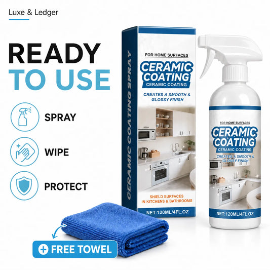 Ceramic coating spray bottle and matching box with a blue microfiber towel on a white background, featuring promotional text 'READY TO USE' and icons for spray, wipe, and protect.