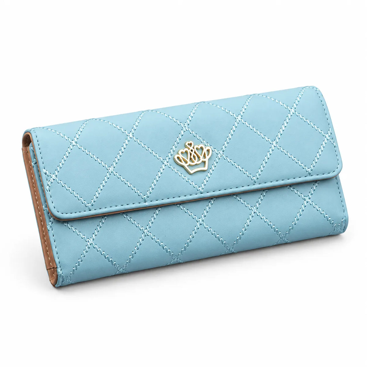 A light blue quilted leather wallet with a gold crown emblem on the front flap, shown on a clean white background.