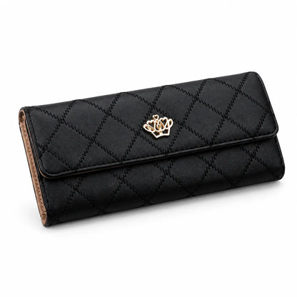 A black quilted leather wallet with a gold crown emblem on the front flap, displayed on a clean white background.