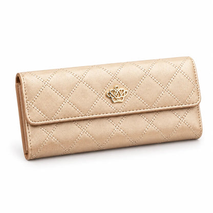 A beige quilted leather wallet with a gold crown emblem on the front, shown on a clean white background.