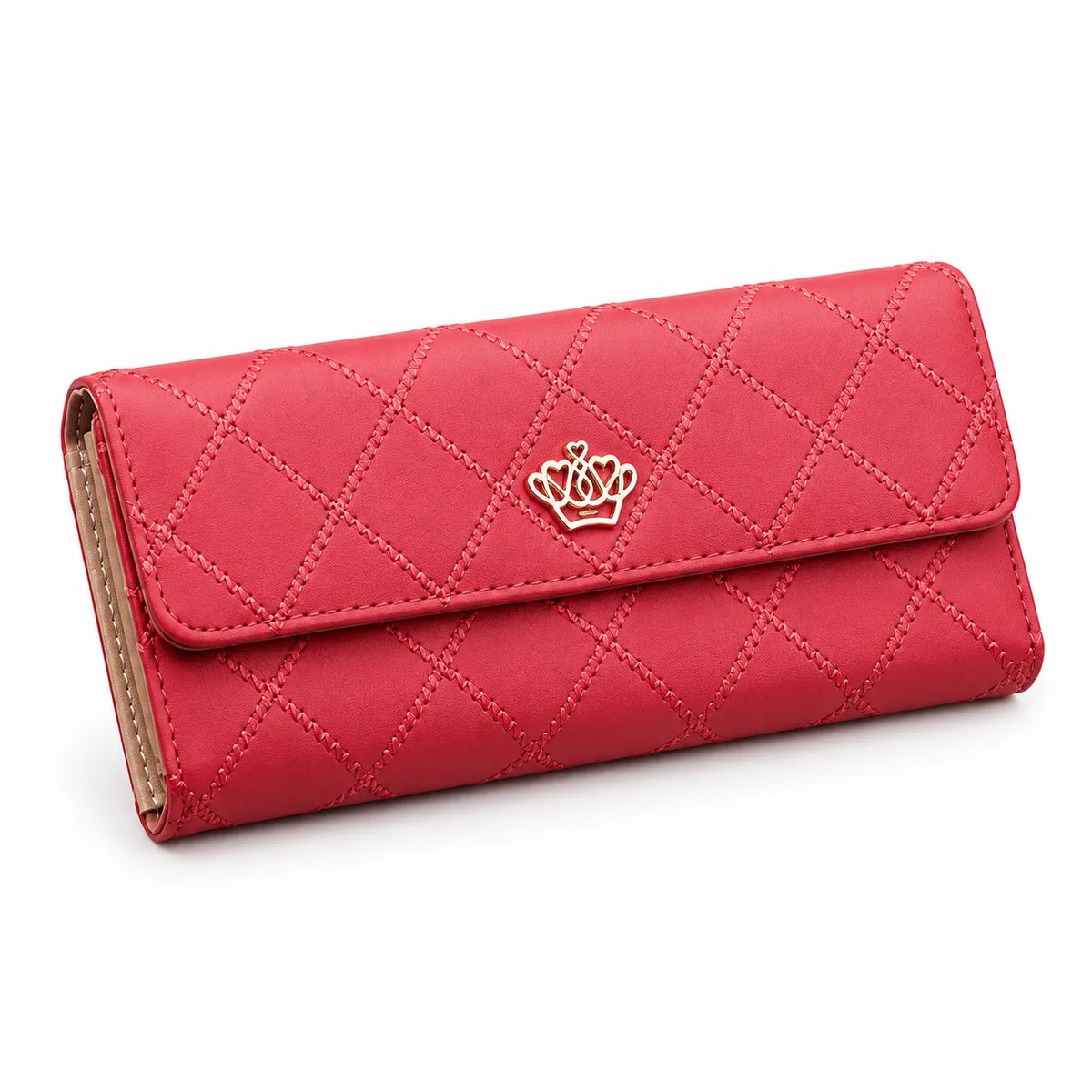 A red quilted leather wallet with a gold crown emblem on the front, displayed on a clean white background.