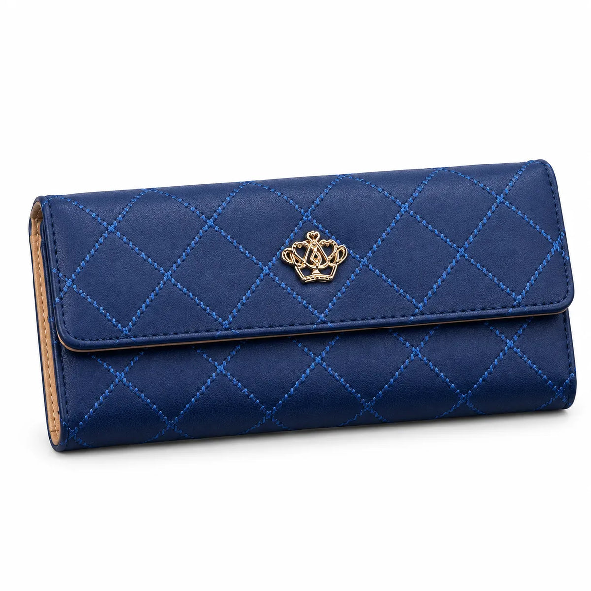 A navy blue quilted wallet with a diamond pattern stitched in a lighter blue, featuring a gold crown emblem on the front flap. The wallet is photographed on a clean white background.