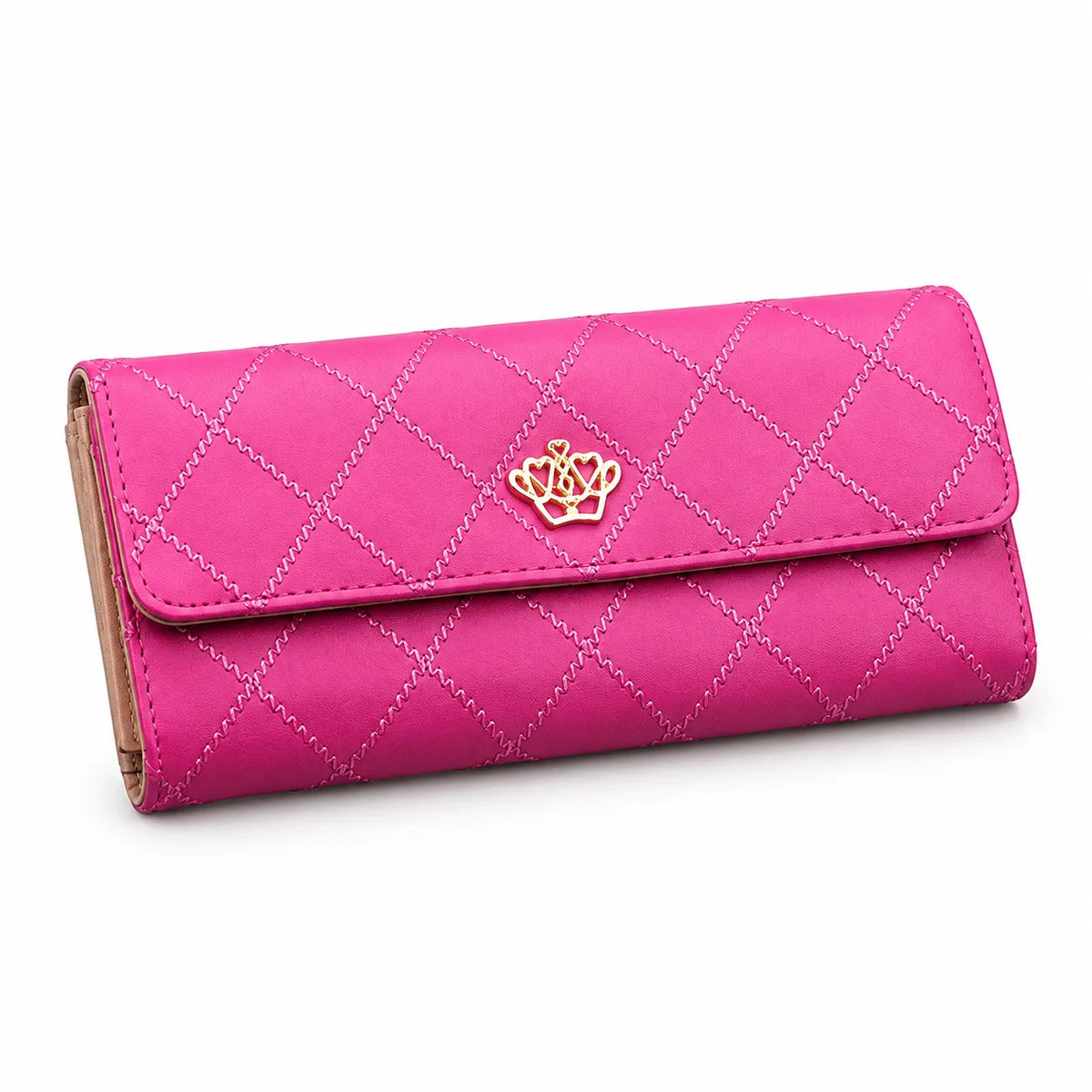 A bright pink quilted wallet with a gold crown emblem on the front flap, shown on a clean white background.