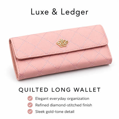 A pink quilted long wallet with a gold-tone crown emblem on the front, shown on a white background with promotional text reading 'Luxe & Ledger' and 'Quilted Long Wallet.'.