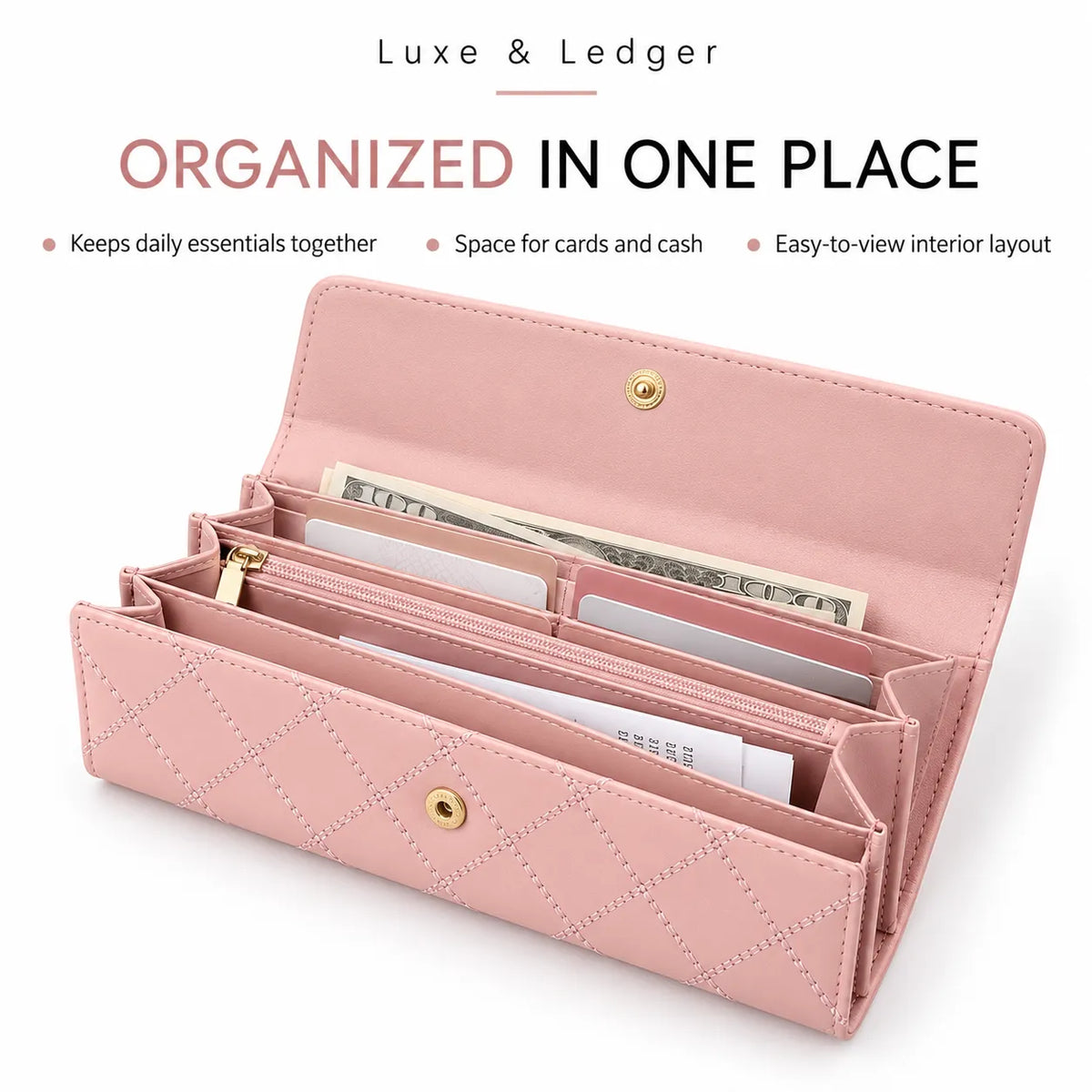 A pink quilted multi-compartment wallet shown open on a white background, with promotional text above reading 'Luxe & Ledger' and 'Organized in One Place.' The wallet contains cards and cash, and gold-tone hardware is visible.