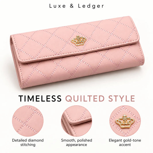 A pink quilted wallet with a gold-tone crown accent, shown on a white background with text and three detail circles below highlighting the diamond stitching, smooth finish, and crown accent.