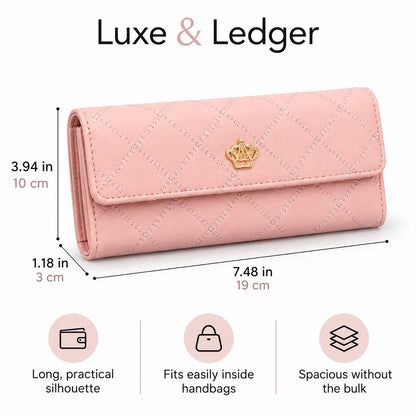 A pink quilted wallet with a gold crown emblem, shown with dimension lines and text indicating its size as 7.48 x 3.