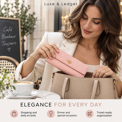 A woman in a white blazer sits at a cafe table, placing a pink quilted wallet into a beige tote bag. The image features the Luxe & Ledger brand logo at the top and promotional text at the bottom.