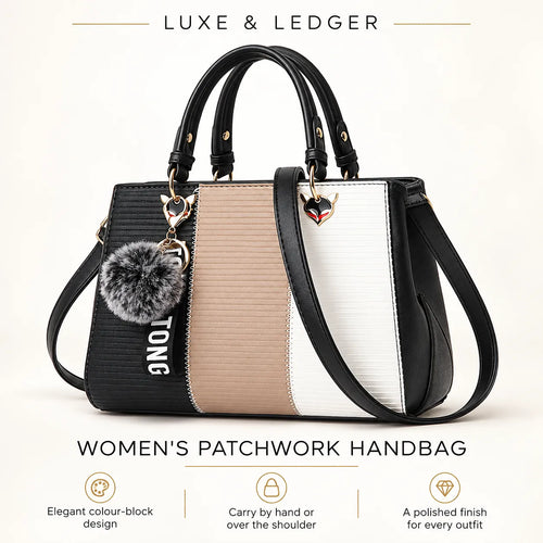 A women's patchwork handbag with black, beige, and white color-block panels, dual top handles, a detachable shoulder strap, and a gray pom-pom charm, shown on a light beige background with 'LUXE & LEDGER' branding.