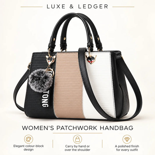 A women's patchwork handbag with black, beige, and white color-block panels, dual top handles, a detachable shoulder strap, and a gray pom-pom charm, shown on a light beige background with 'LUXE & LEDGER' branding.