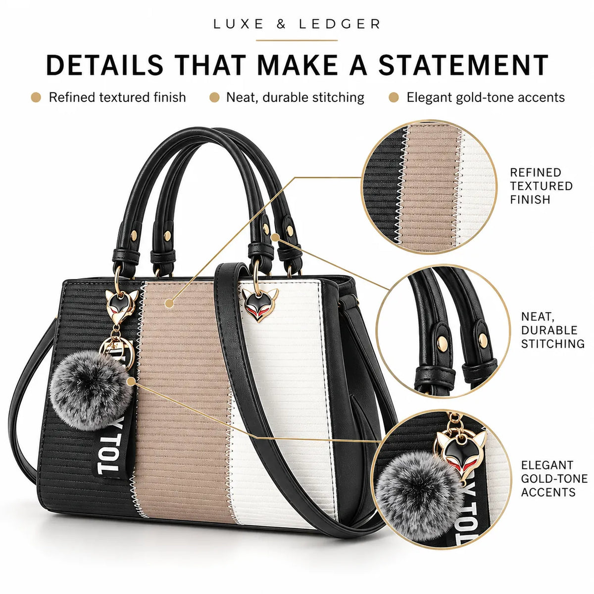 A structured handbag with black, beige, and white vertical color-block panels, gold-tone hardware, a faux-fur pom-pom charm, and a fox logo accent. The image includes marketing text and three circular detail callouts highlighting the textured finish, stitching, and gold-tone accents.