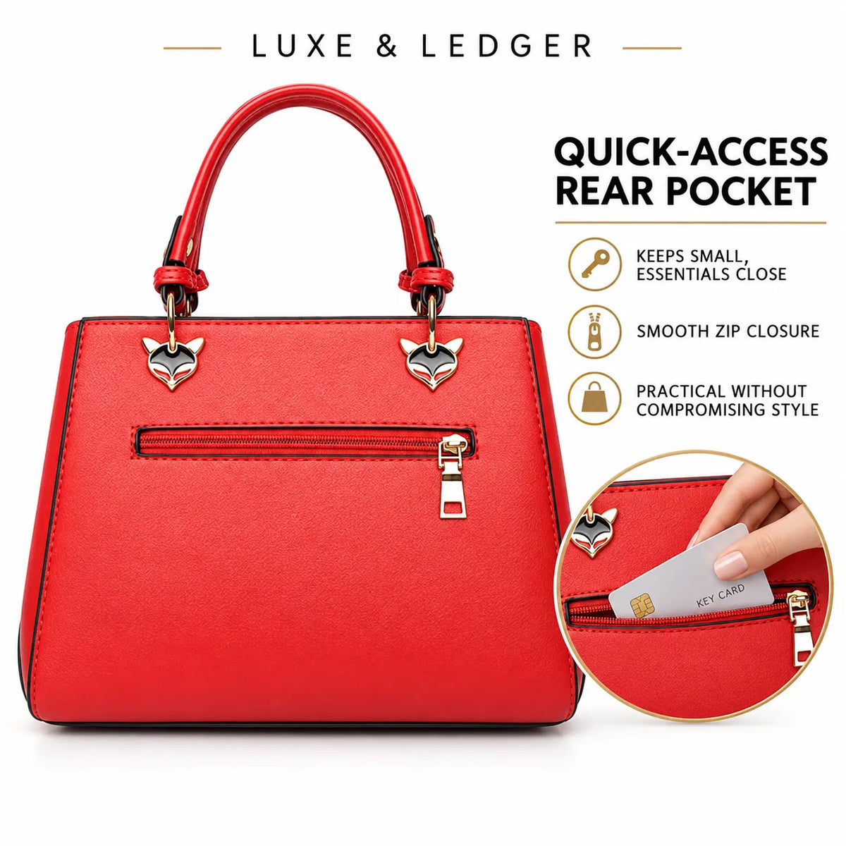 A bright red structured handbag with dual top handles, a front zip pocket, and fox-head hardware, shown on a white background with feature callouts and a circular inset demonstrating the rear pocket access.