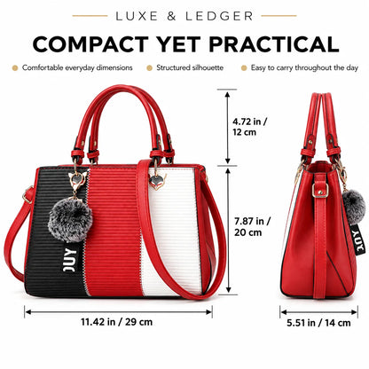 A structured handbag shown from front and side views with dimension labels and text reading 'LUXE & LEDGER' and 'COMPACT YET PRACTICAL' on a white background.