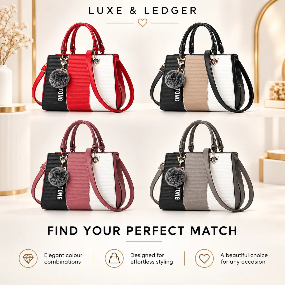 Four luxury handbags arranged in a 2x2 grid with the text 'LUXE & LEDGER' at the top and 'FIND YOUR PERFECT MATCH' at the bottom. The bags feature a color-blocked design with textured panels in red, beige, pink, and gray, alongside black and white sections.