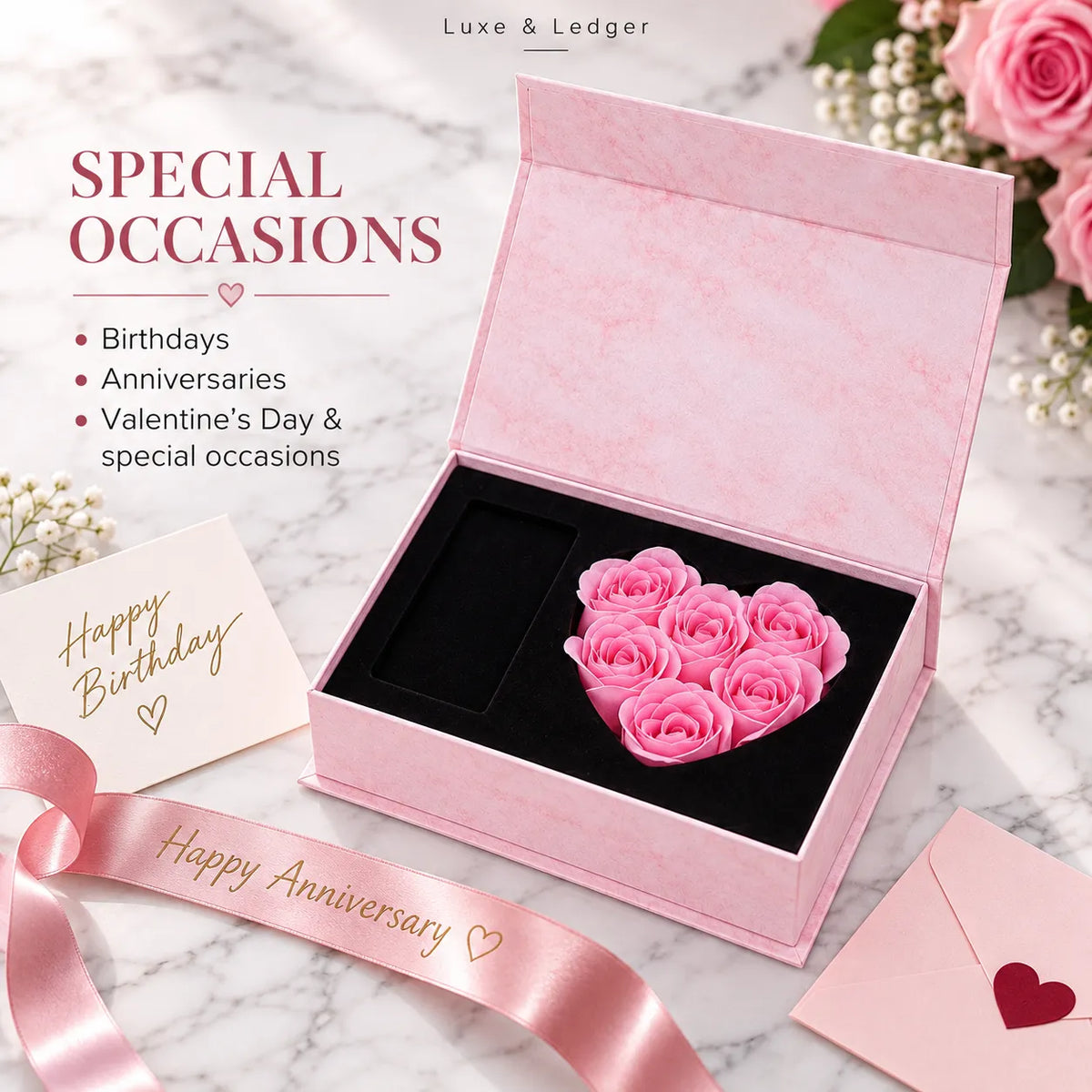 A pink gift box with a heart-shaped arrangement of pink roses displayed open on a marble surface. The box is branded Luxe & Ledger, with promotional text reading 'SPECIAL OCCASIONS' and birthday/anniversary cards and ribbons around it.