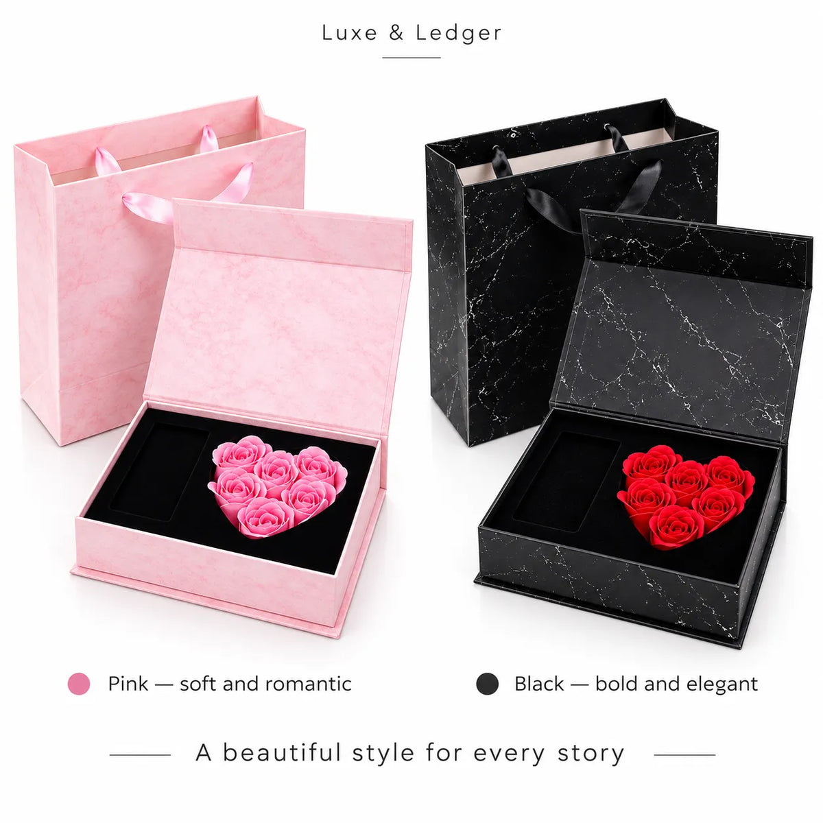 Two elegant gift boxes shown on a white background: a soft pink box with a pink heart-shaped rose arrangement and a black marble-patterned box with a red heart-shaped rose arrangement. Text at the top reads 'Luxe & Ledger,' and color labels below indicate pink as soft and romantic, black as bold and elegant.